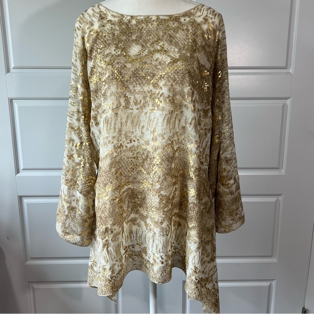 NWT Sylvia's Gold Snake Print Tunic Top Long Sleeve Vacation Cover Up Flowy OS